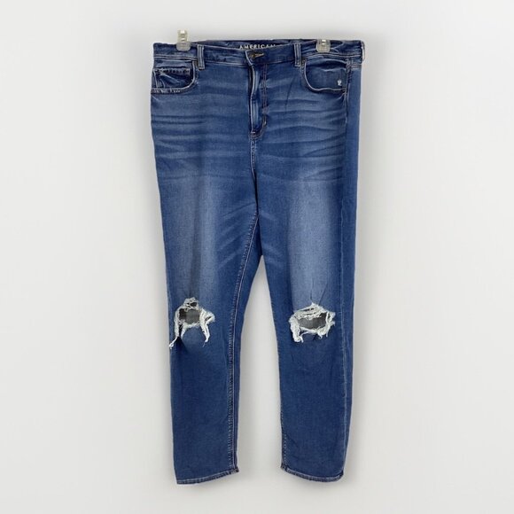 American Eagle Size 16 Long Mom Jeans Medium Wash Distress High Waisted EUC - Picture 1 of 13